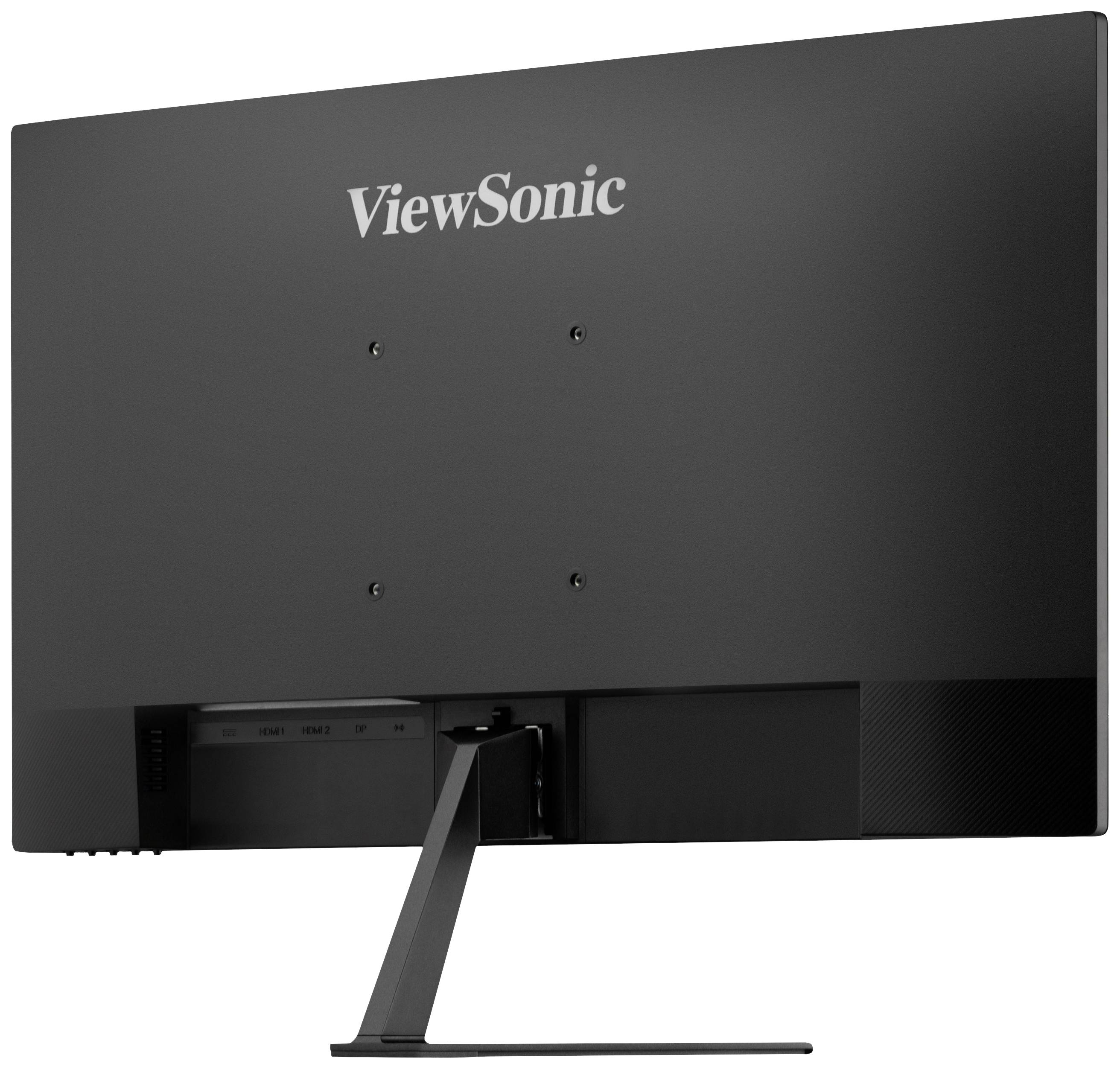 Rückseite eines ViewSonic Monitors mit schlichtem Design und rechteckigem Standfuß in Schwarz.
