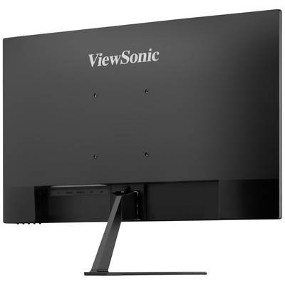 Rückseite eines ViewSonic Monitors mit schlichtem Design und rechteckigem Standfuß in Schwarz.