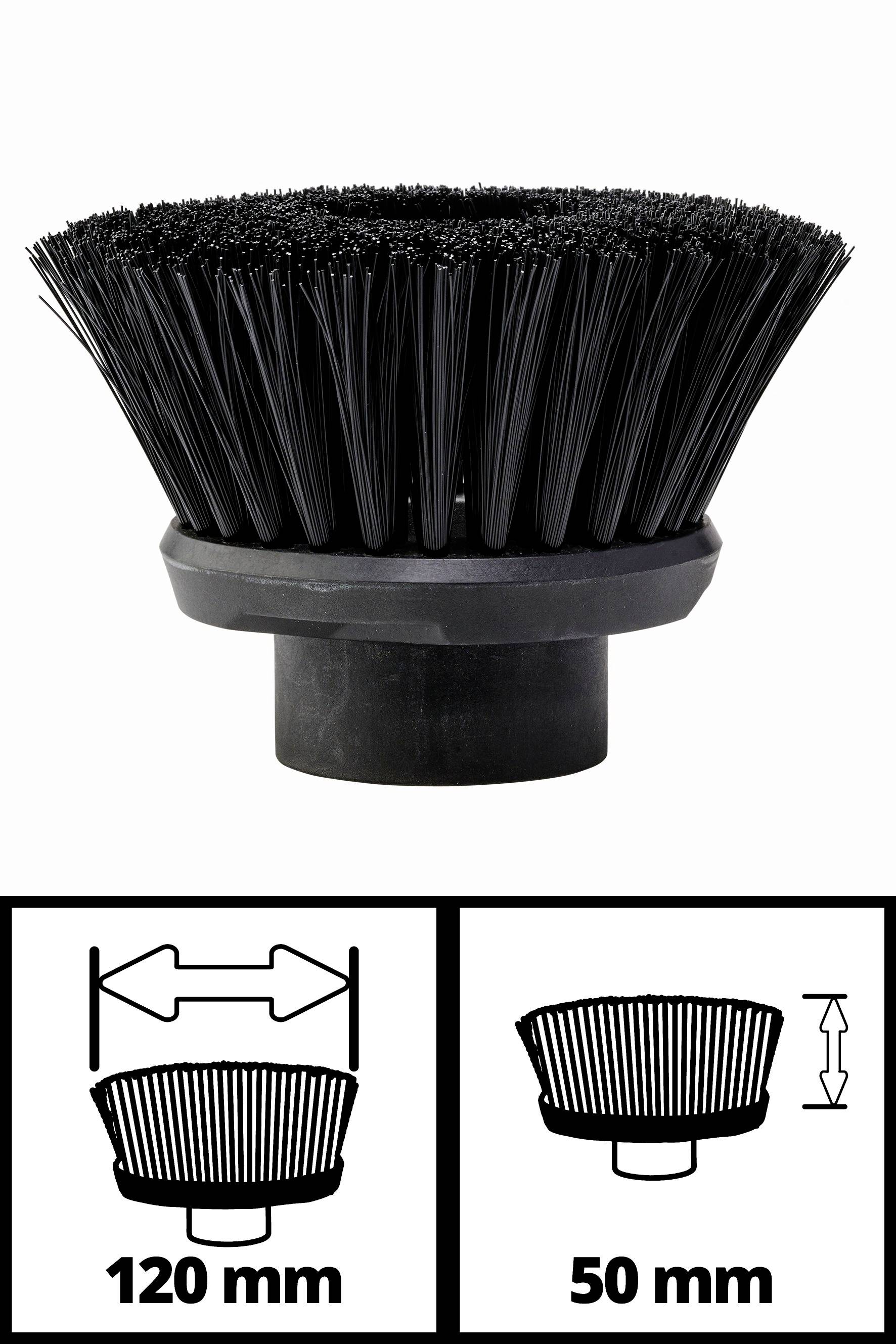 Eine schwarze Rundbürste mit einem Durchmesser von 120 mm und einer Höhe von 50 mm. Geeignet für Reinigungszwecke.