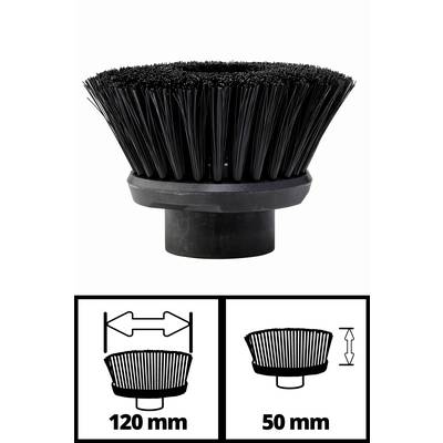 Eine schwarze Rundbürste mit einem Durchmesser von 120 mm und einer Höhe von 50 mm. Geeignet für Reinigungszwecke.