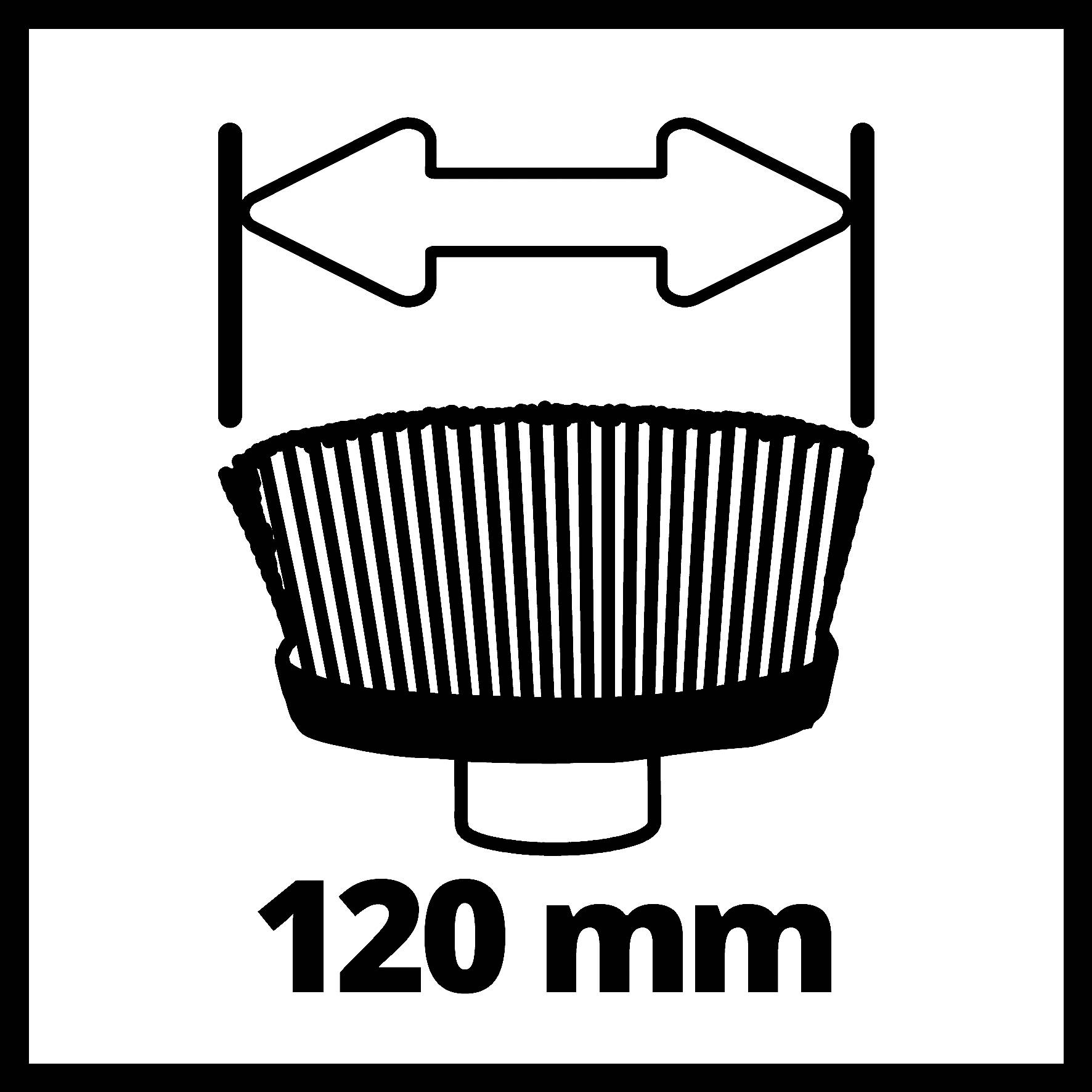 Filterabmessung: Breite 120 mm, dargestellt als Schema mit Pfeilen und Maßangabe.
