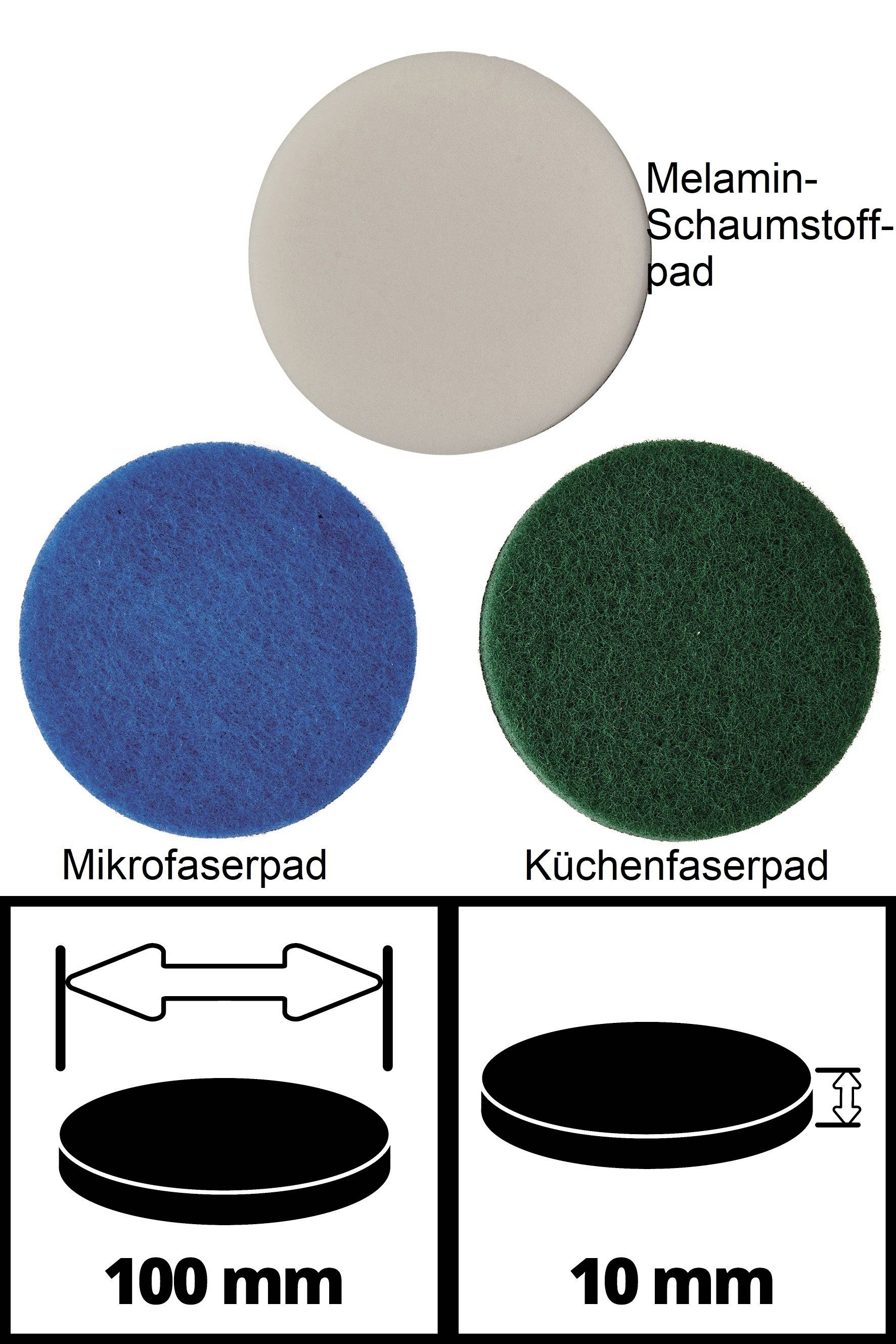 Drei Reinigungspads: Melaminschaumstoff (weiß), Mikrofaser (blau), Küchenfaser (grün). Maße: Durchmesser 100 mm, Höhe 10 mm.