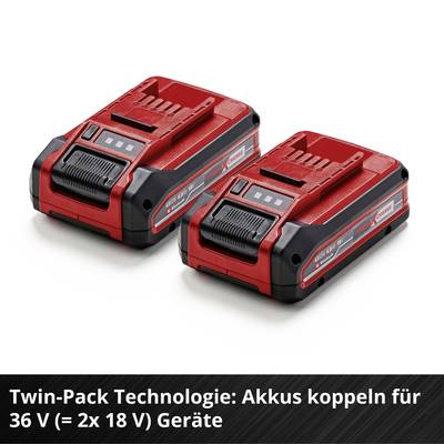 Zwei rote Akkus mit 'Twin-Pack Technologie' beschriftet, geeignet für 36 V Geräte, was zwei 18 V Batterien kombiniert.