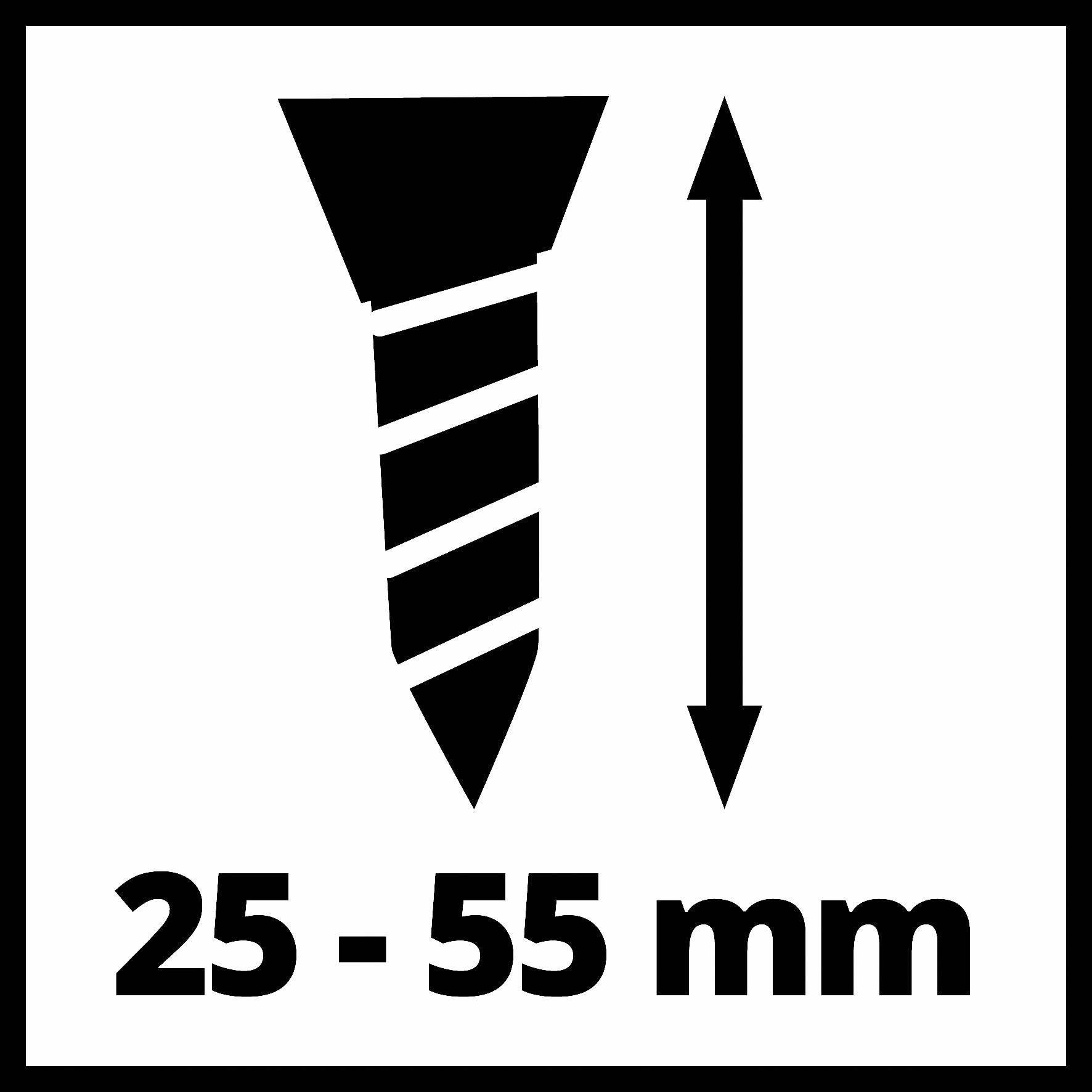 '25 - 55 mm' in schwarzer Schrift unter einer stilisierten Schraube und Doppelpfeil, der die Längenmessung der Schraube angibt.