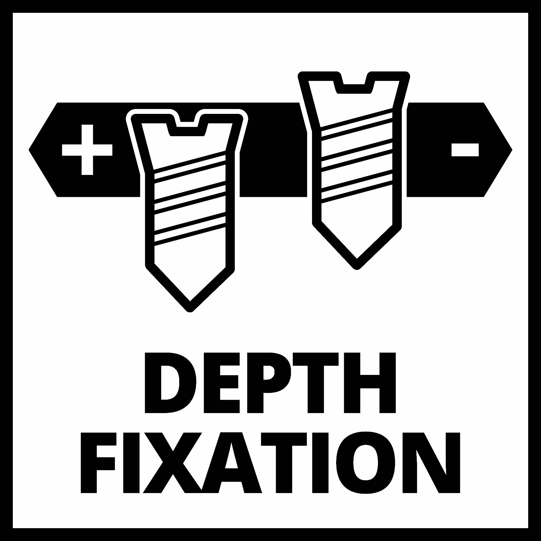 'Depth Fixation'-Symbol mit zwei Pfeilen, einem Plus- und einem Minuszeichen, die Justierung und Stabilität darstellen.