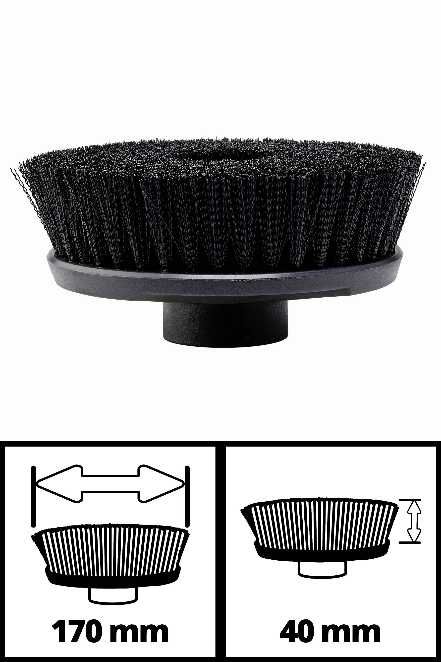 Schwarze Rundbürste mit 170 mm Durchmesser und 40 mm Höhe. Eignet sich für Reinigungsaufgaben auf großen Flächen.