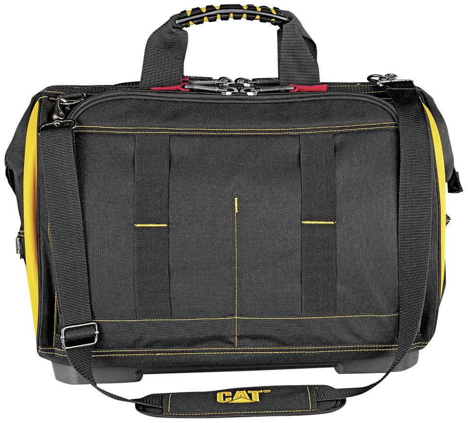 Eine schwarze Werkzeugtasche mit gelben Akzenten und mehreren Fächern, ausgestattet mit einem stabilen Trageriemen und einem verstärkten Griff.