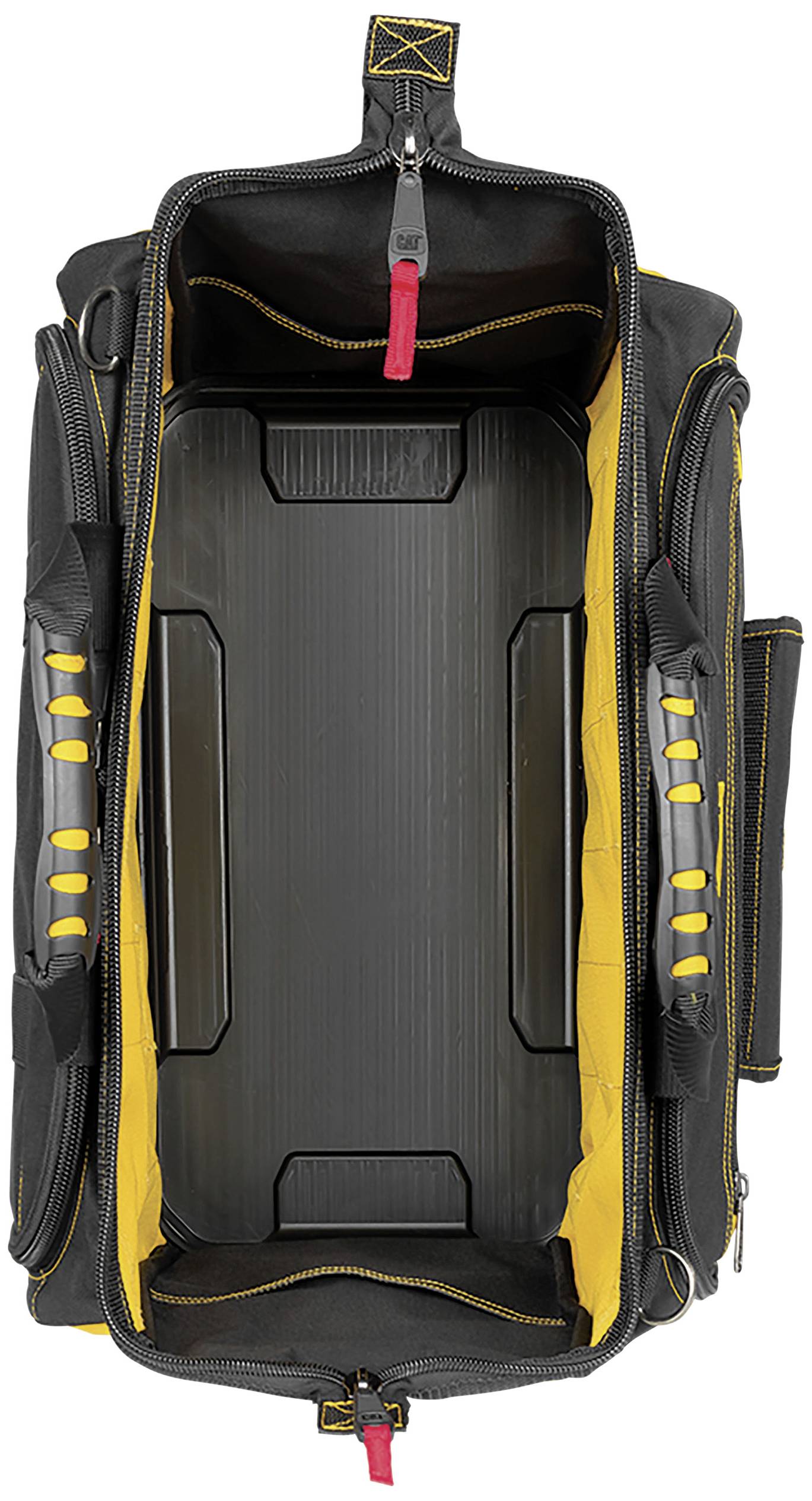 Werkzeugtasche von oben, leer, mit gelbem Innenfutter und mehreren Reißverschlüssen und Griffen. Ideal zur Werkzeugaufbewahrung.