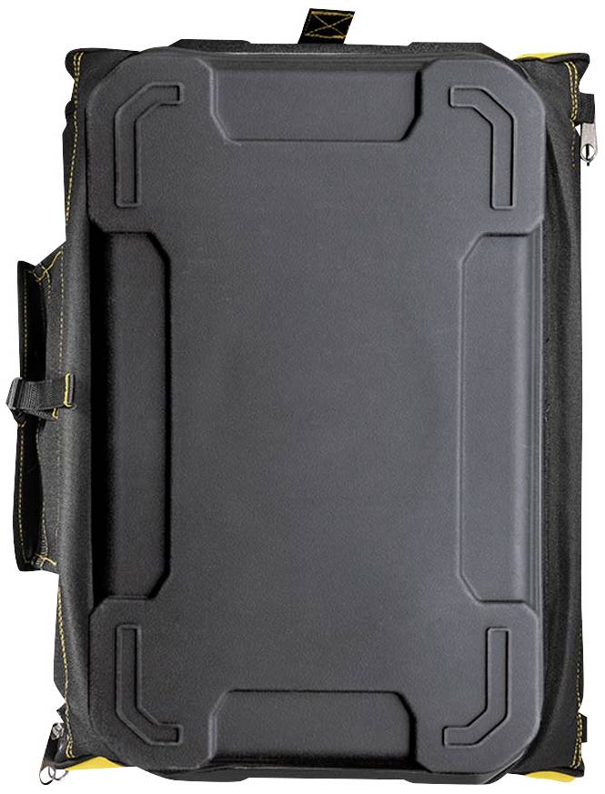 Eine schwarze, robuste Reisetasche mit gelben Nähten. Die Tasche hat Griffe an der Seite und oben. Geeignet für Outdoor-Aktivitäten.