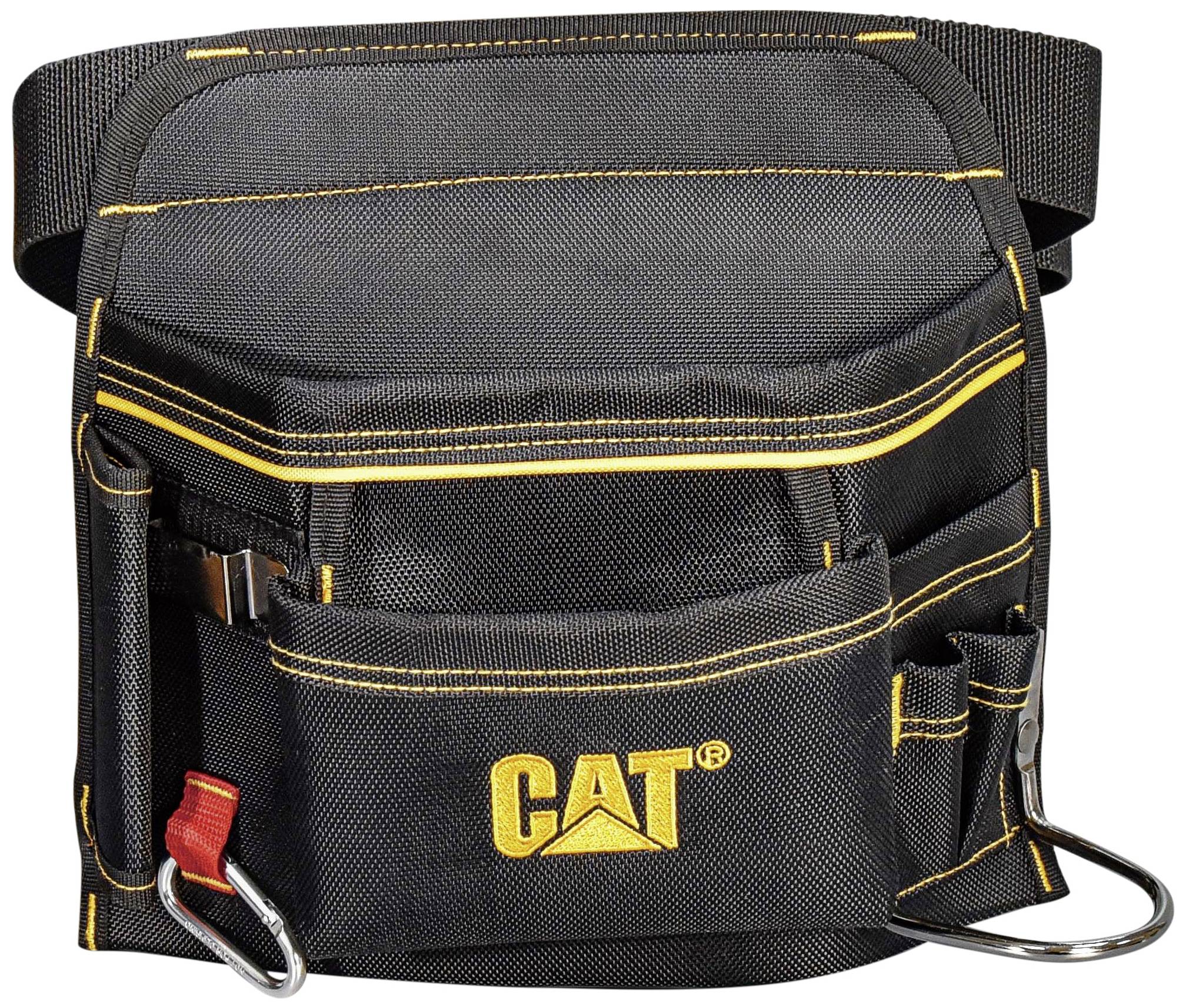 Schwarze Werkzeugtasche mit gelbem CAT-Logo, mehreren Fächern, Metallhaken und einem verstellbaren Gürtel.