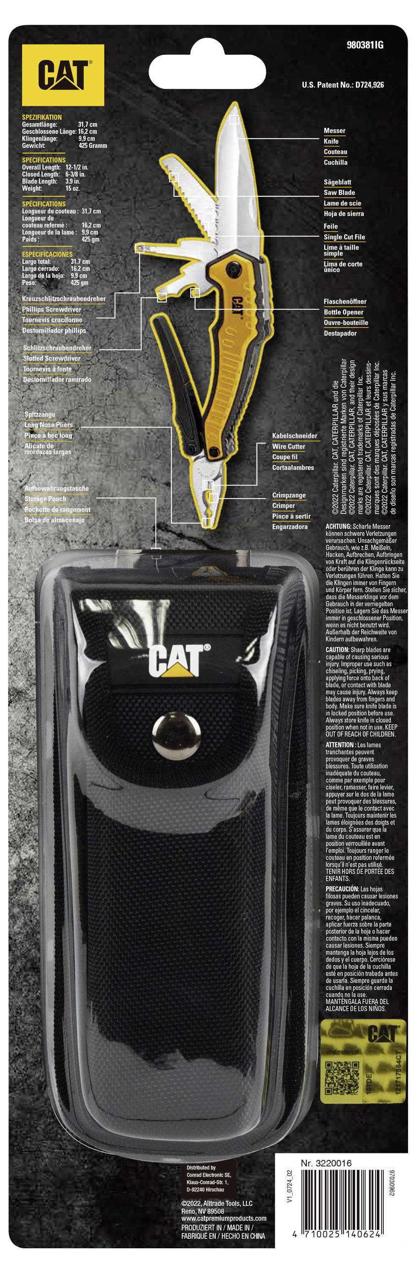 'CAT'-Mehrzweckwerkzeug in einer Verpackung, die verschiedene Funktionen wie Messer, Schraubendreher und Zange zeigt. Enthält Gürteltasche.