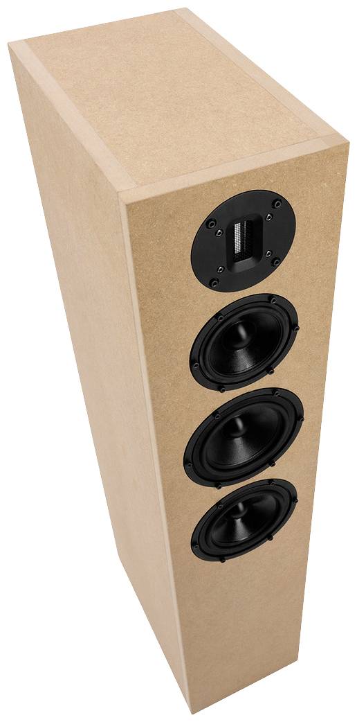 Holzfarbener Standlautsprecher mit drei schwarzen Lautsprechereinheiten und einem Hochtöner oben auf der Vorderseite.