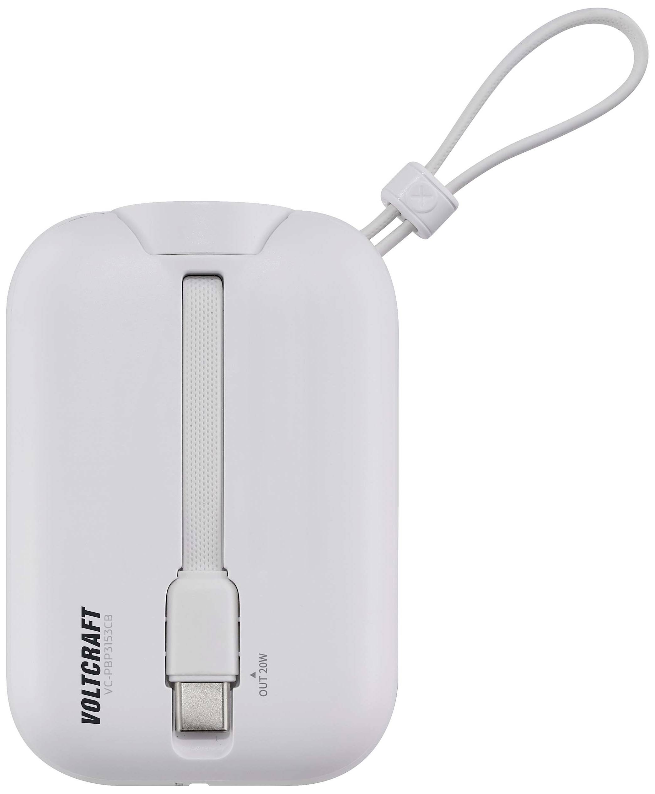 Tragbares weißes Ladegerät von VOLTCRAFT mit ausziehbarem Kabel und integriertem USB-Stecker, geeignet für mobile Geräte.