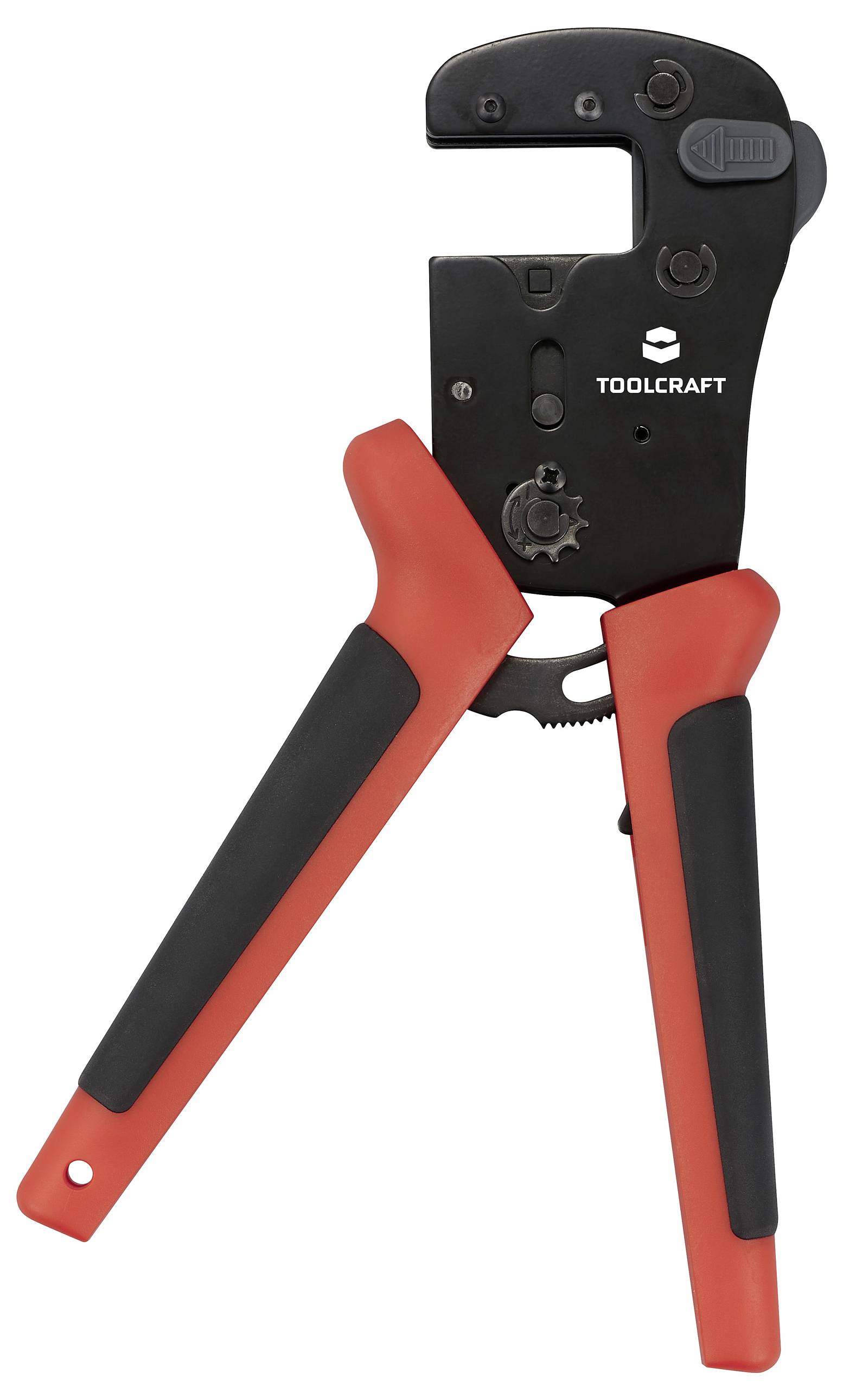 Eine rote Crimpzange mit schwarzem Griff und dem Logo 'Toolcraft' auf dem oberen Teil der Zange.