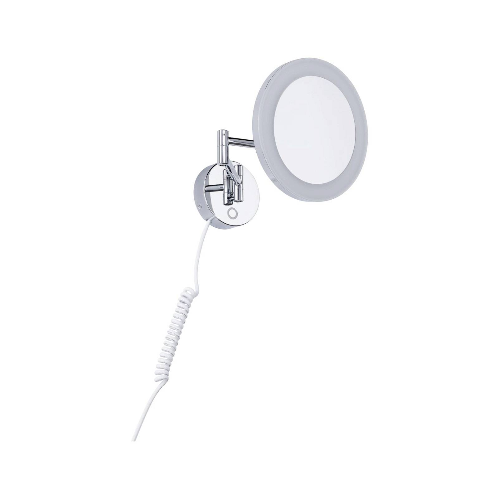 Vergrößerungsspiegel mit LED-Beleuchtung, an einer verchromten Wandhalterung montiert. Kabel mit Spiralkabel zum Ansteuern der Beleuchtung.