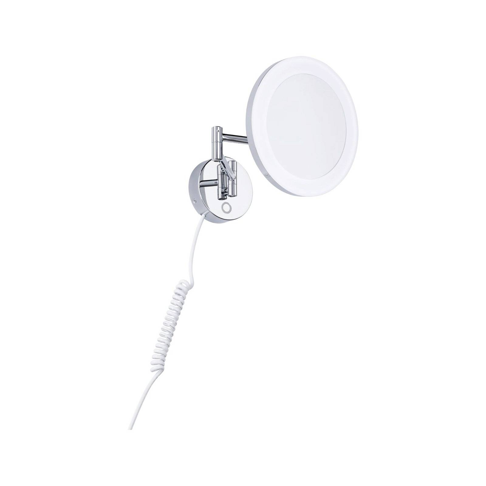 Beleuchteter, runder Kosmetikspiegel mit flexiblem Kabel und chromfarbenem Schwenkarm, zur Wandmontage geeignet.