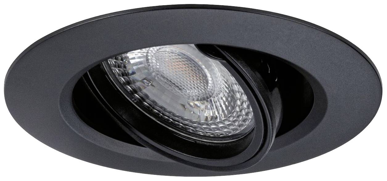 Ein runder, schwarzer, einstellbarer Einbauspot mit einer LED-Lampe in einem schwenkbaren Gehäuse.