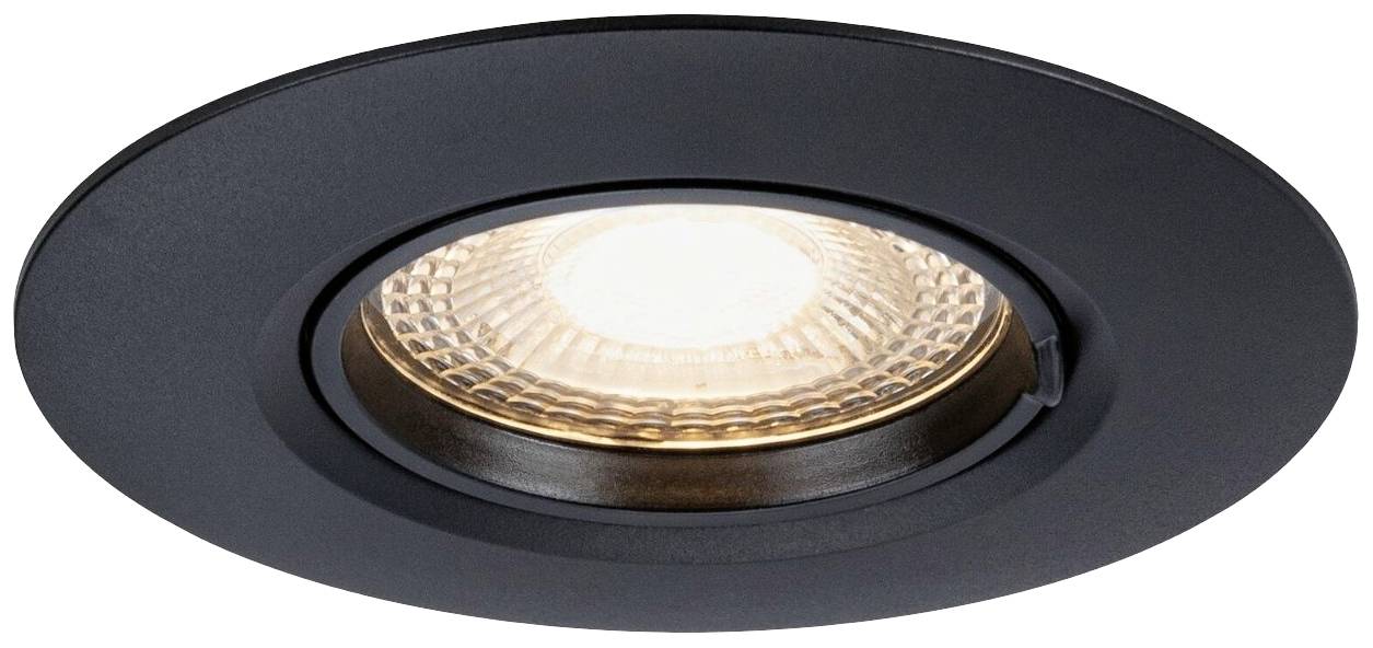 Schwarzer runder LED-Einbauspot in abgeschrägtem Gehäuse, abgestrahlt mit warmweißem Licht; geeignet für Deckenmontage.