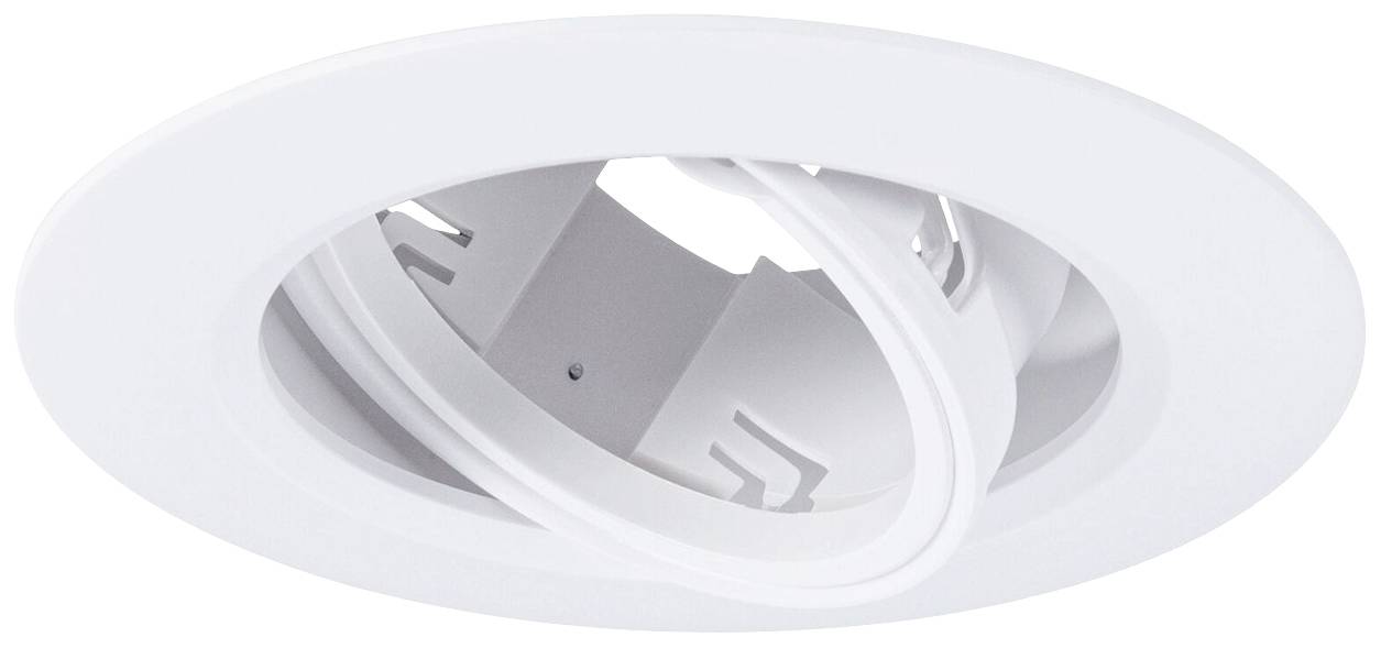 Ein weißer, runder Einbaurahmen für LED-Leuchten ohne installierte Glühbirne. Er hat einen schwenkbaren inneren Ring für die Lichtausrichtung.