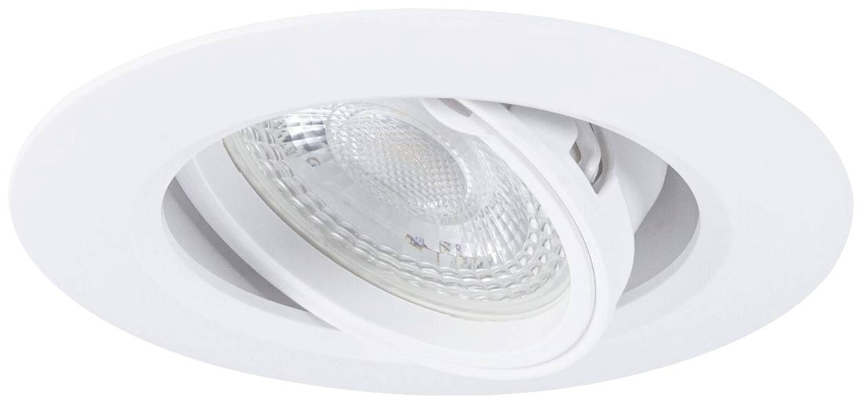 Einbauspot aus weißem Kunststoff mit schwenkbarem Reflektor, passend für GU10 Leuchtmittel, zur Deckenmontage in Innenräumen.