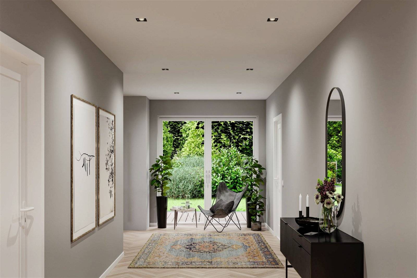 Modernes Wohnzimmer mit großen Glasfenstern, Blick auf einen Garten. Ein Teppich und Dekorationen betonen die gemütliche Atmosphäre.