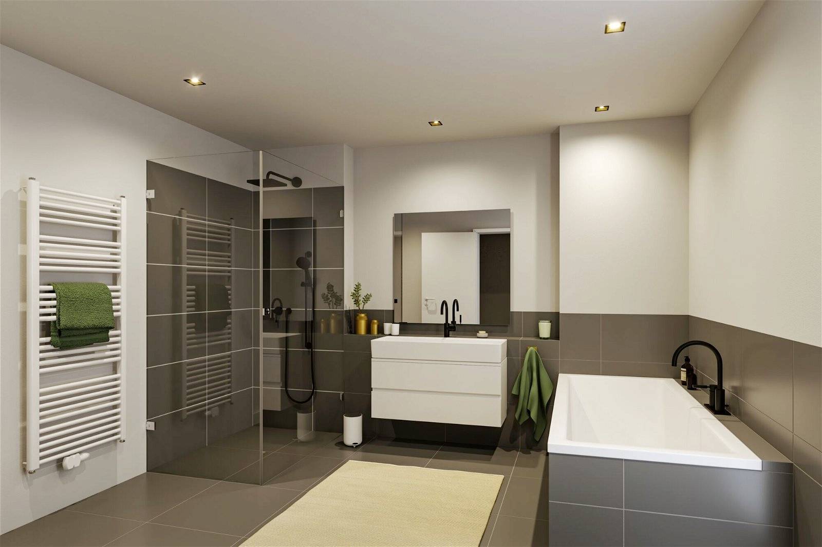Modernes Badezimmer mit Duschkabine, Badewanne, Waschtisch mit Spiegel und Handtuchhalter. Schlichte graue und weiße Farbtöne.