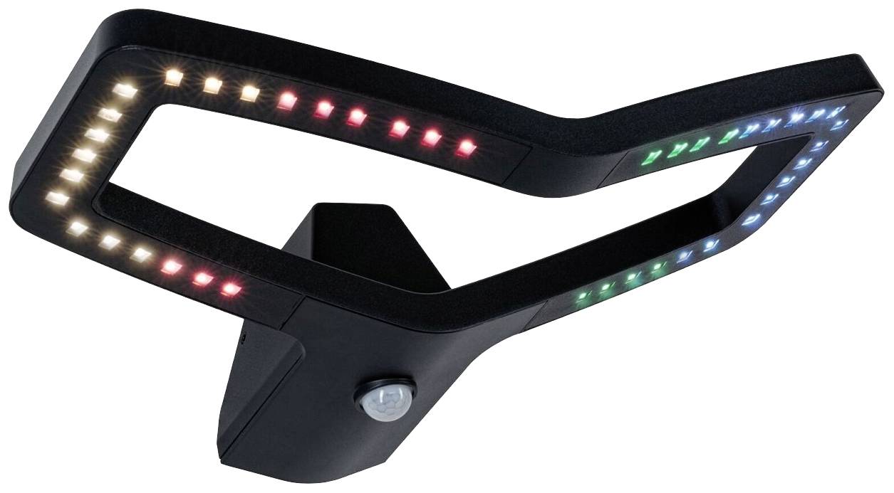 LED-Leuchte mit Bewegungsmelder, zeigt rotes, blaues, grünes und weißes Licht. Geeignet für moderne Beleuchtung und Energieeinsparung.