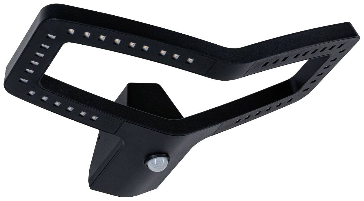 Schwarzes, modernes LED-Licht mit beweglichem Arm und Sensor. Geeignet für die Wandmontage, ideal zur Verbesserung der Außenbeleuchtung.