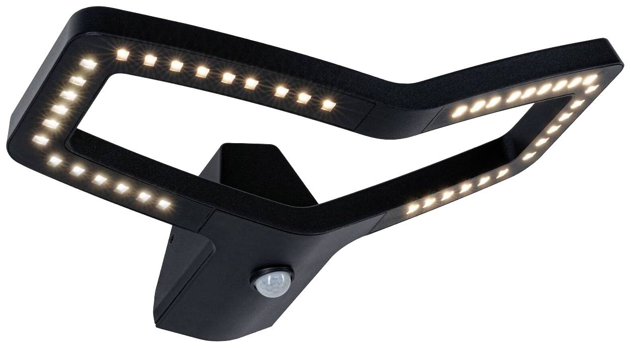 Moderne LED-Wandleuchte in schwarzem Rahmen mit Bewegungssensor, geeignet für Außenbeleuchtung und energiesparend.
