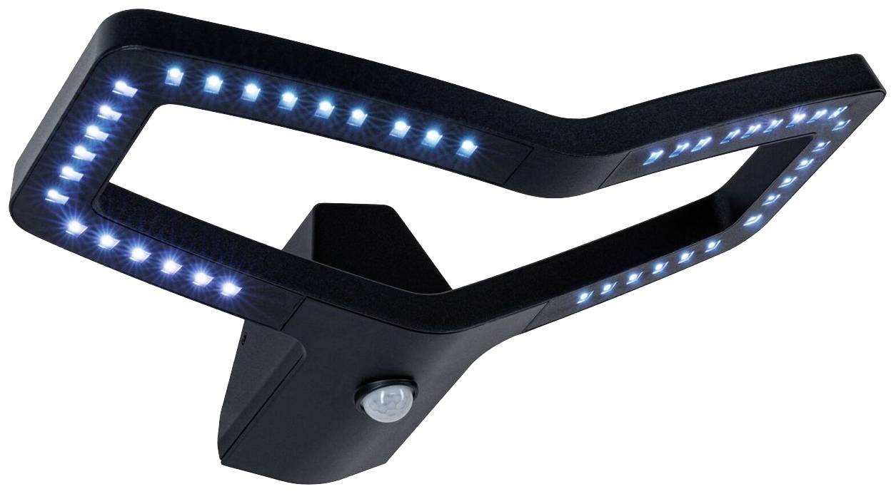 Eine moderne, schwarze LED-Wandleuchte mit Bewegungssensor. Sie hat einen gewinkelten Rahmen mit mehreren kleinen blauen LEDs.