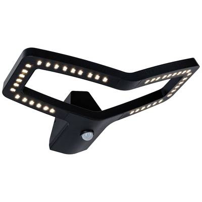 LED-Außenleuchte mit integriertem Bewegungssensor, moderne schwarze Form, geeignet zur Beleuchtung von Eingangsbereichen.
