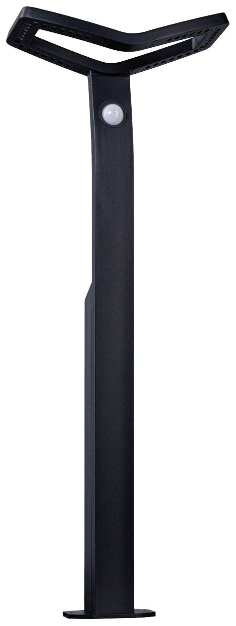 Eine schwarze, moderne LED-Gartenleuchte mit schlankem, gebogenem Design, geeignet zur Beleuchtung von Wegen und Gärten.