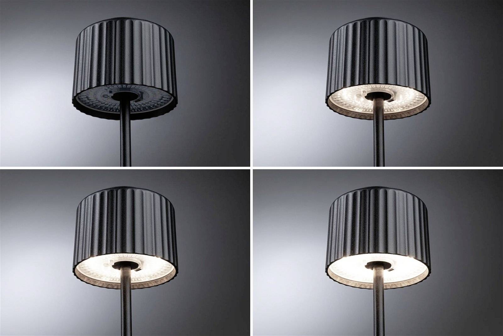 Vier Bilder einer Tischlampe mit unterschiedlichem Lichteinfall. Oben links ausgeschaltet, unten rechts am hellsten eingeschaltet.