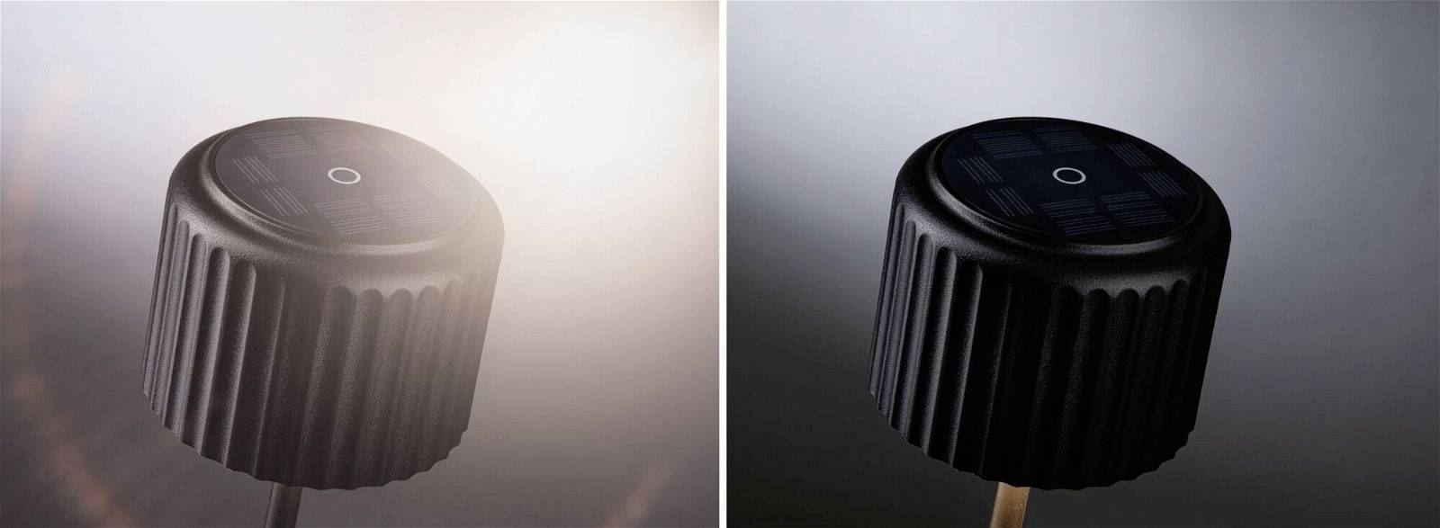 Zwei identische schwarze, runde Objekte mit geriffeltem Rand, eines im Sonnenlicht, das andere im Schatten. Beide haben eine kreisförmige Platte oben.