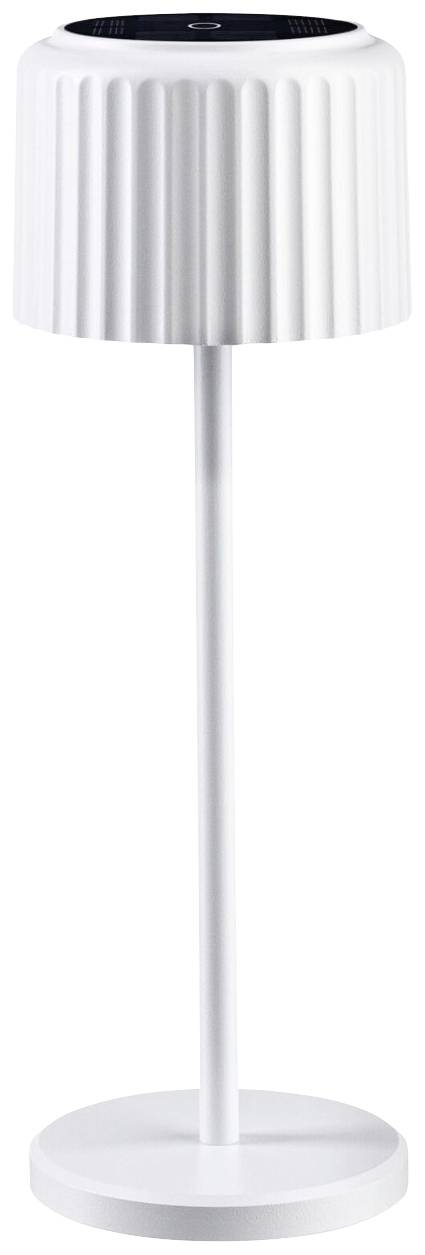 Weiße, moderne Stehlampe mit zylindrischem Schirm und schlichtem Design.