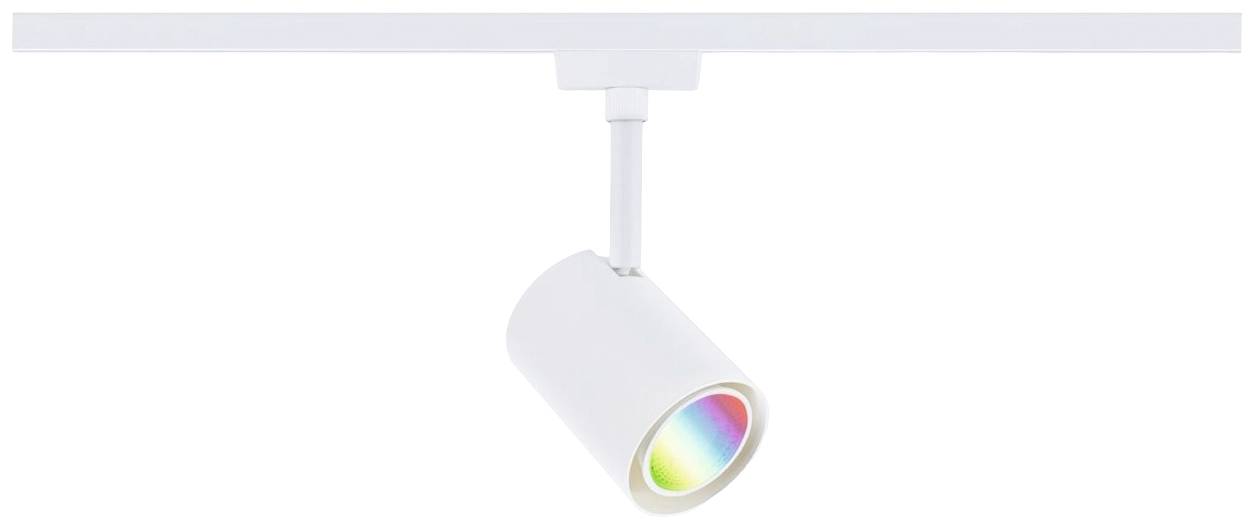 Weiße LED-Schienenleuchte mit zylindrischem Gehäuse und sichtbarem mehrfarbigem Lichteffekt an der Unterseite, montiert an einer Schiene.