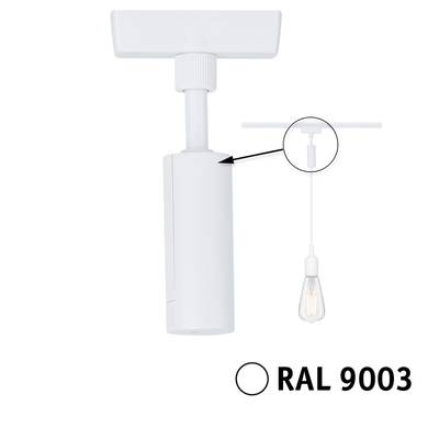 Ein weißer Lampensockel mit Hinweis auf RAL-Farbe 9003. Oben detailreiche Ansicht der Halterung. Geeignet für Hängelampen.