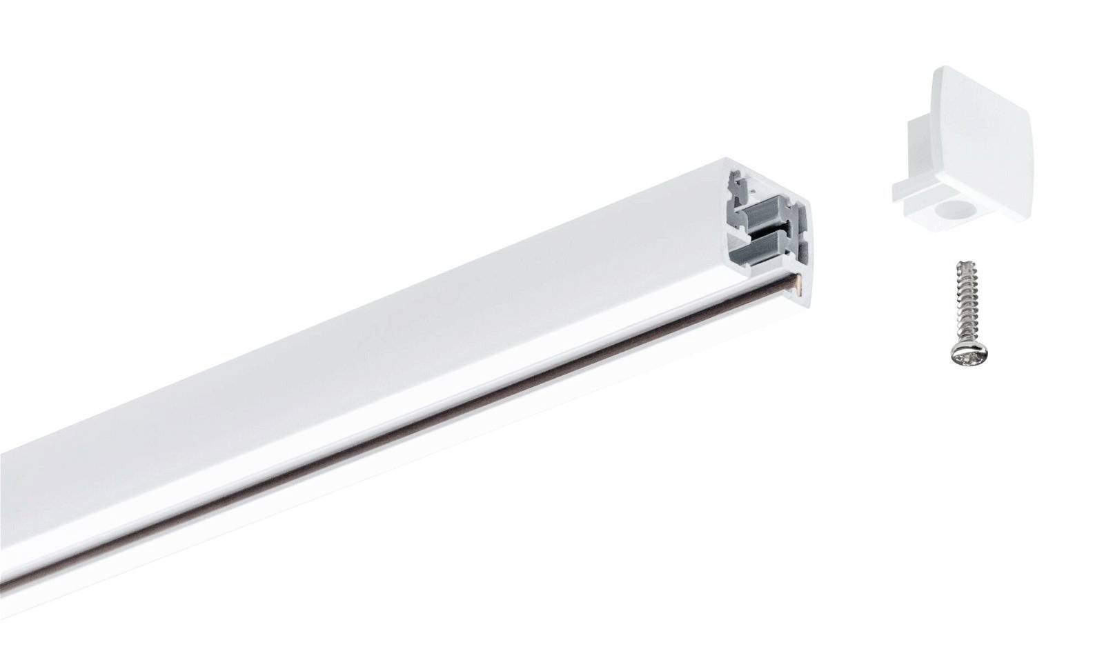 LED-Leiste in einem weißen Aluminiumprofil, mit abnehmbarem Endstück und Schraube zur Montage dargestellt. Ideal für dezente Beleuchtung.