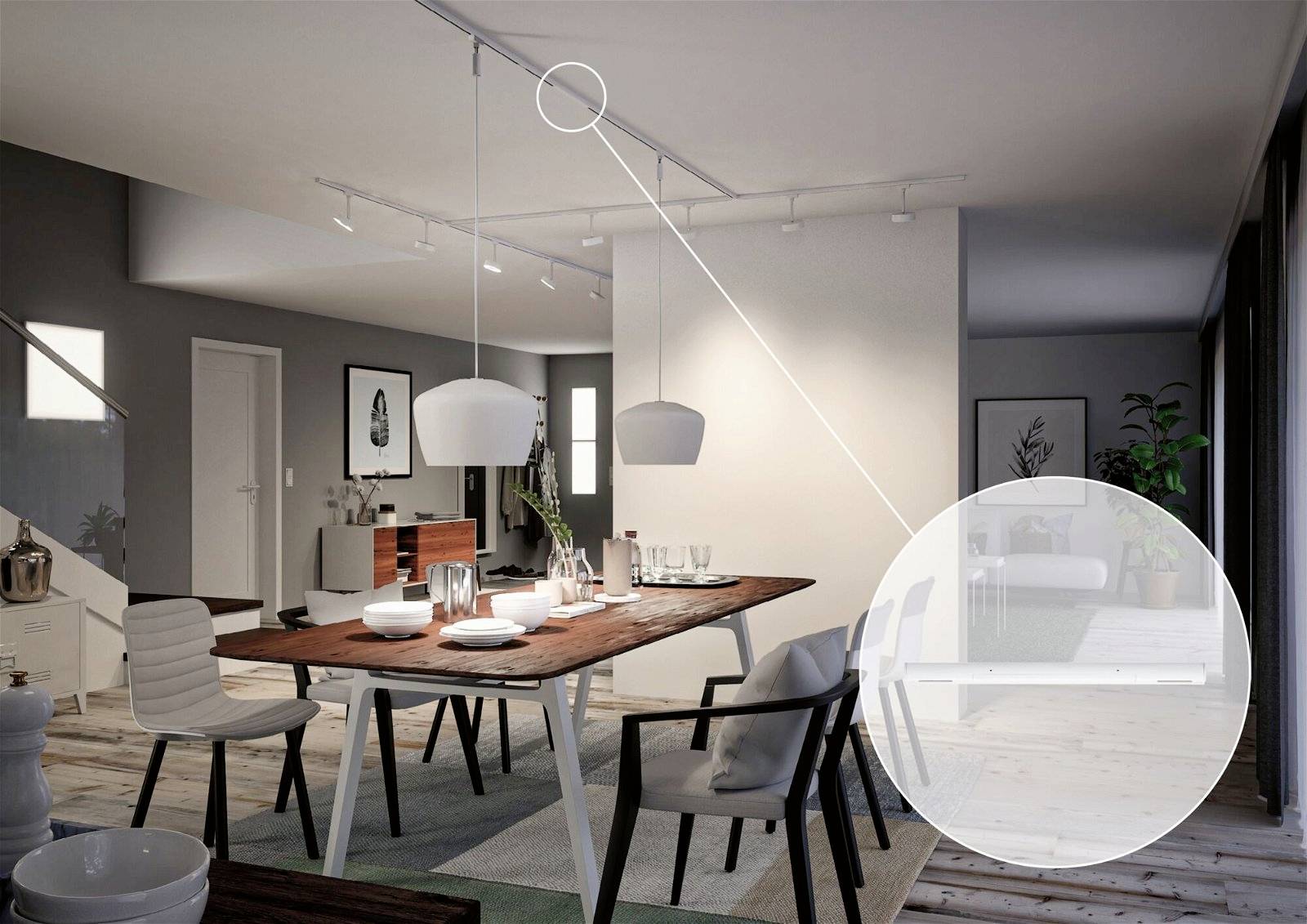 'Esszimmer mit Holztisch und weißen Stühlen. Zwei hängende Lampen über dem Tisch. Moderne Dekoration. Fokus auf helle, offene Raumgestaltung.'