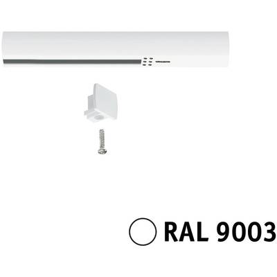 Weiße elektrische Abdeckung mit Schraube und Halterung, Farbcode 'RAL 9003'.