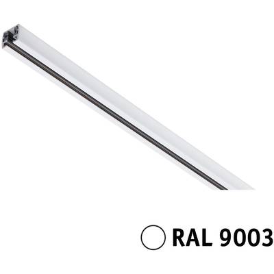 'Lichtschiene RAL 9003, weiß, diagonale Ansicht, mit schwarzem, rundem farblichem Bezugsmuster unten rechts.'