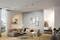 Modernes Wohnzimmer mit grauem Sofa, Couchtisch, und dekorativen Bildern an der blauen Wand. Helle, gemütliche Atmosphäre mit Pflanzen.