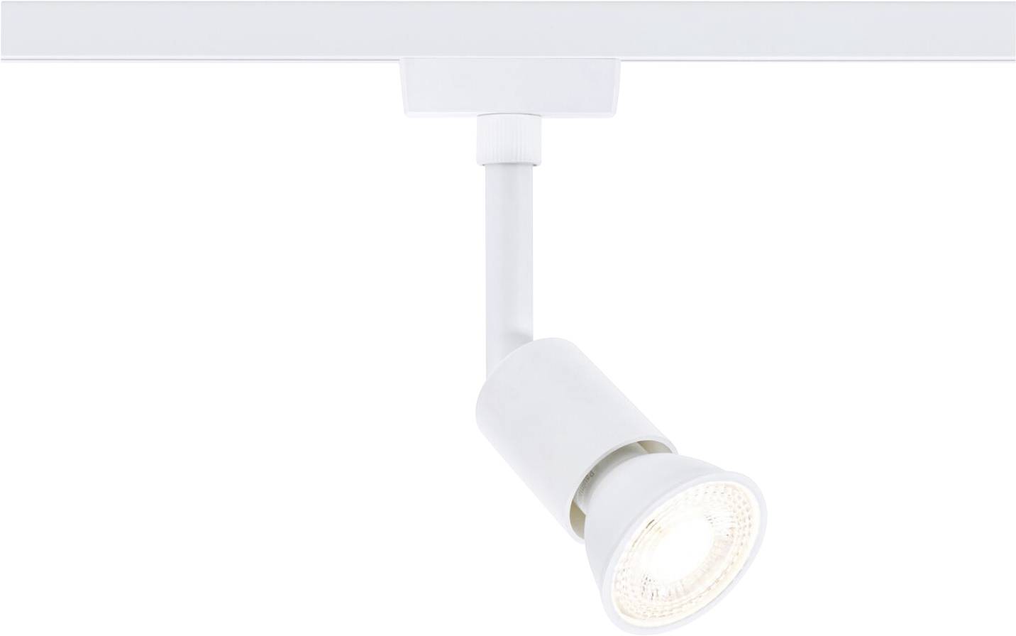 Weiße Schienenleuchte mit flexiblem Kopf, die nach unten leuchtet. Ideal für gerichtete Beleuchtung in modernen Innenräumen.