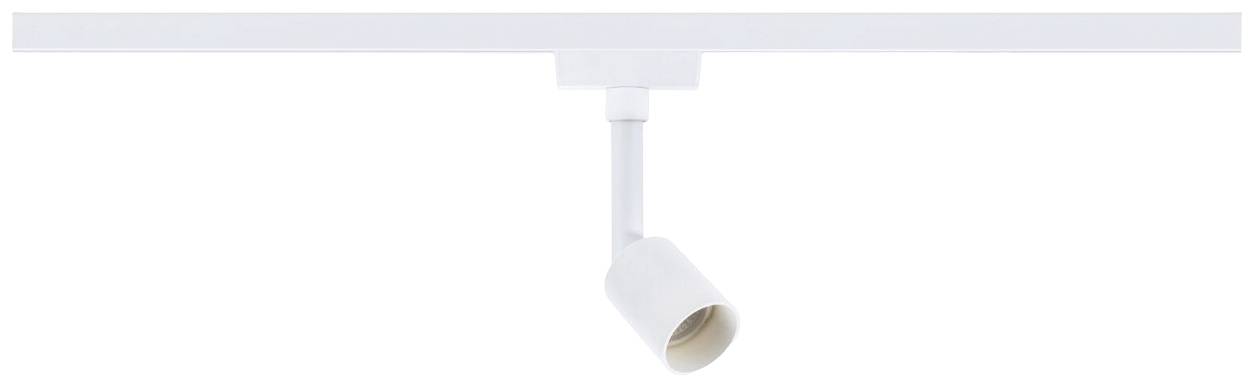 Weiße Deckenleuchte mit zylindrischem Spot für gerichtetes Licht, geeignet für Schienensysteme in modernen Innenräumen.