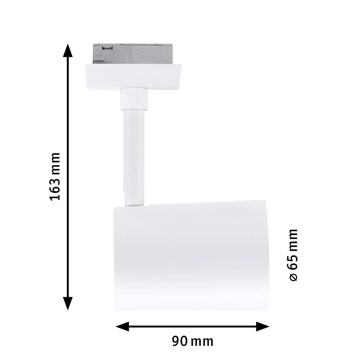 Ein weißer LED-Strahler mit Maßen: Höhe 163 mm, Durchmesser 65 mm, Breite 90 mm. Montiert auf einer verstellbaren Halterung.
