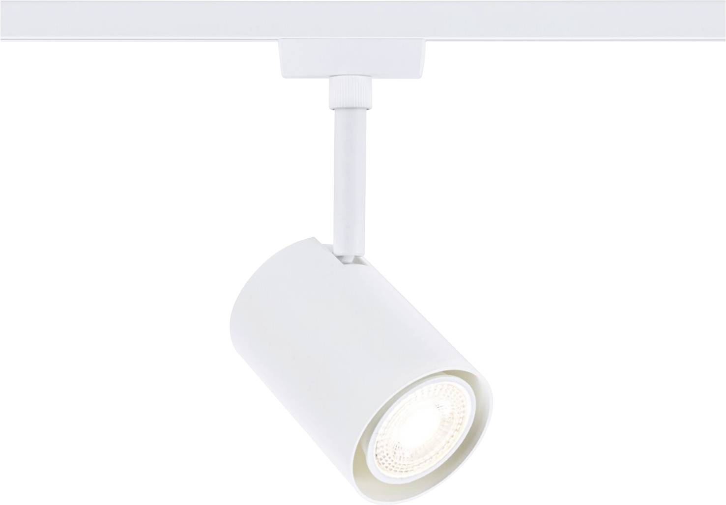 Ein weißer, zylindrischer Deckenstrahler, der nach unten leuchtet. Der Strahler ist Teil eines Schienensystems.