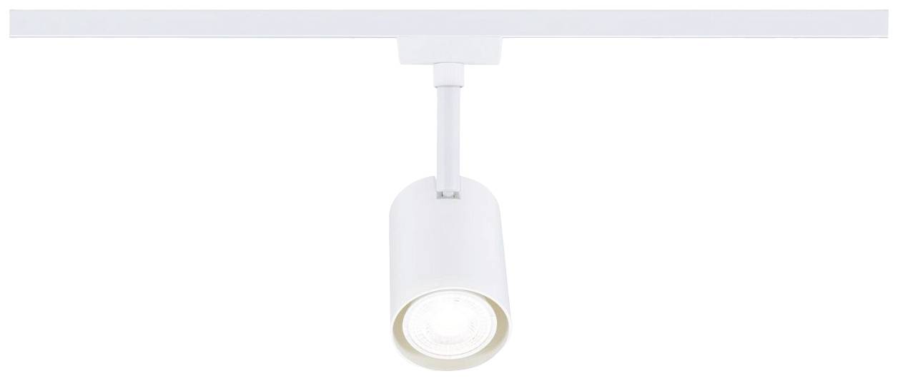 Weiße Deckenleuchte mit zylindrischem Lampenschirm an einer Schiene montiert. Ideal für gezielte Beleuchtung in modernen Räumen.