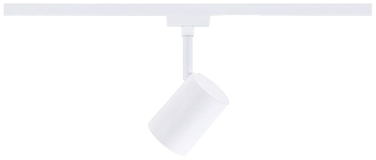Weiße, zylindrische Deckenleuchte ist an einer Schiene montiert. Sie ist nach unten geneigt und bietet verstellbares Licht in einem Raum.
