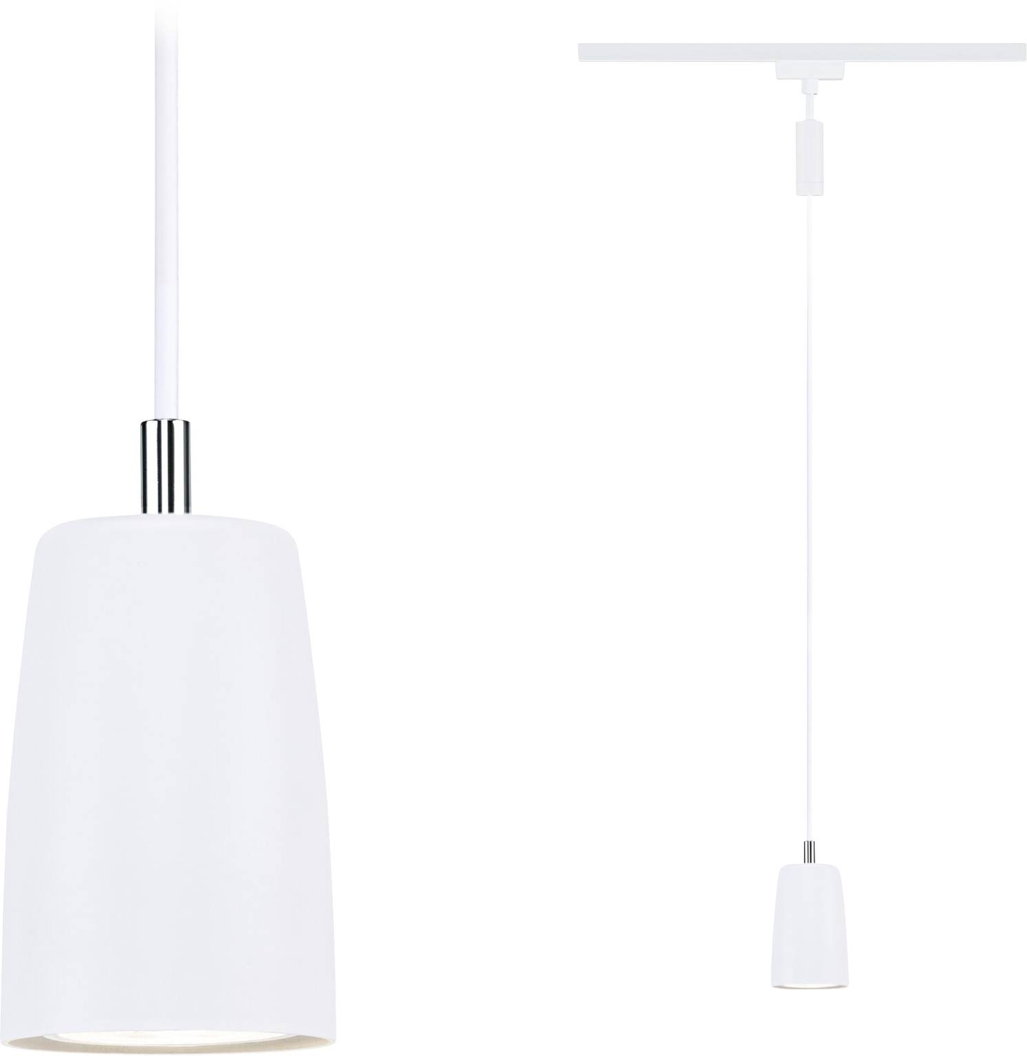 Weiße Hängelampe mit schlichter, eleganter Form, hängend an einer weißen Schnur. Passend für minimalistisches Interieur.