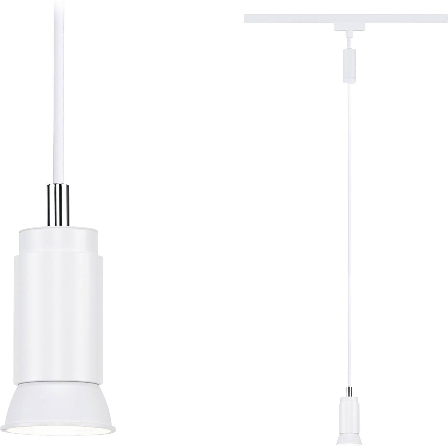 Weiße, moderne Hängelampe mit zylindrischem Schirm und verstellbarem Kabel, geeignet für minimalistisches Interieur.